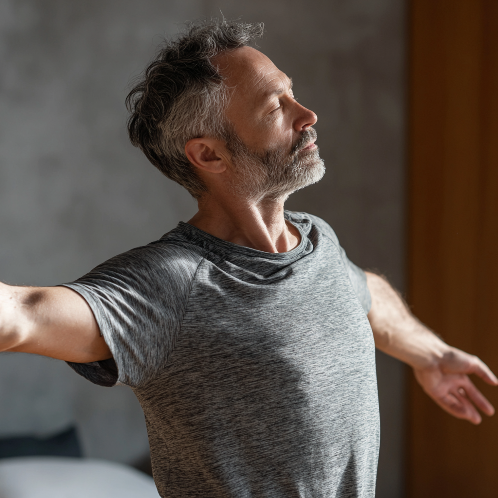 Middle-aged adult practicing gentle movement exercises